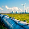 Vätepipeline med vindturbiner i bakgrunden