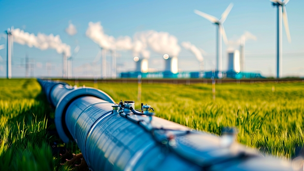 Vätepipeline med vindturbiner i bakgrunden