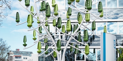 A wind tree feeds the e-vehicle charging station at Endress+Hauser Liquid Analysis in Gerlingen