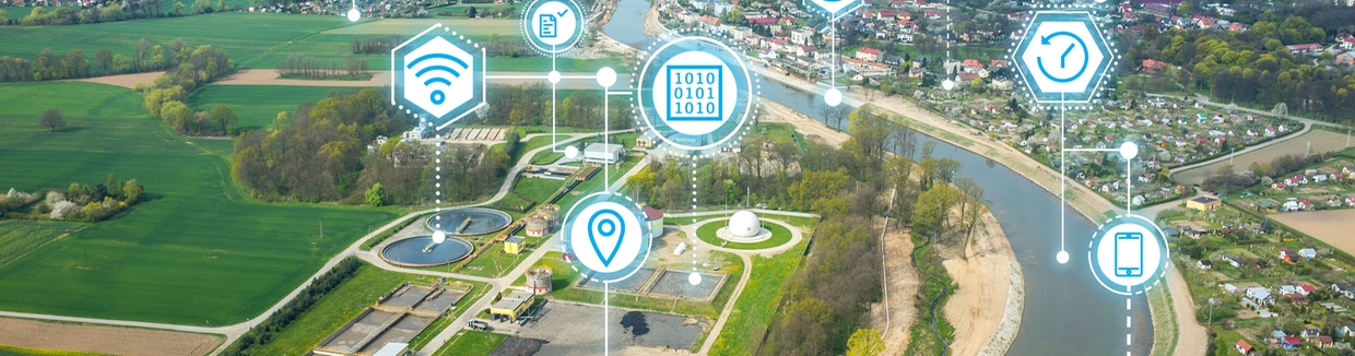 Instrumentpanel till Netilion Network Insights framför en vattenbassäng