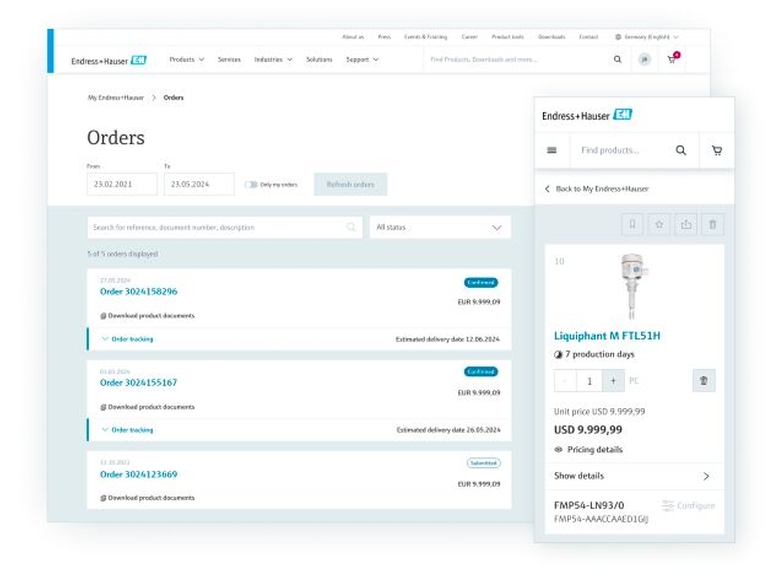 Mitt Endress+Hausers funktioner för transaktioner/e-handel
