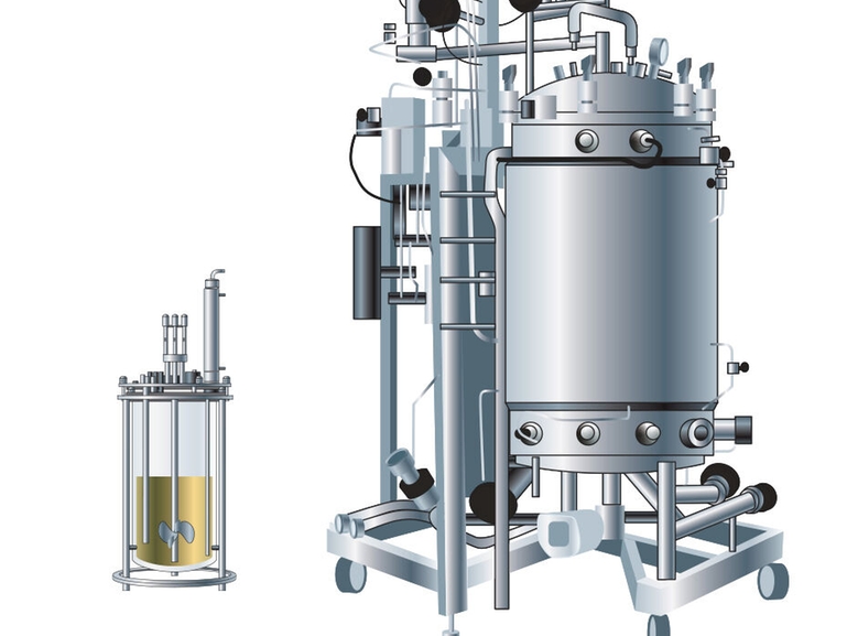 Biorektor i processutvecklingsstorlek och en bioreaktor i produktionsstorlek i läkemedelsindustrin Illustrationer som föreställer en bioreaktor i processutvecklingsstorlek och en bioreaktor i produktionsstorlek